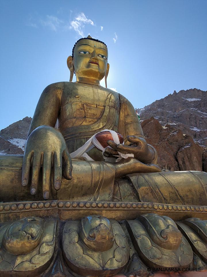 Golden Buddha Statue at the top opposite Hemis Monastery